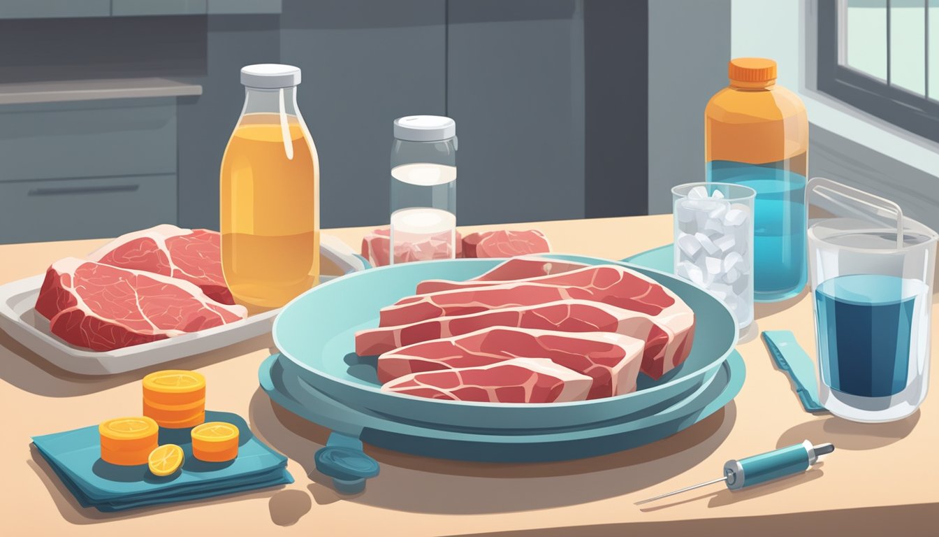 A kitchen counter with a scale, measuring tape, and a timer set to 72 hours. A plate of raw meat and bones, a glass of water, and a bottle of electrolyte supplements