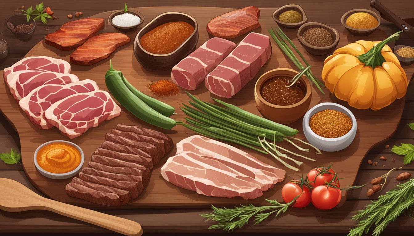 A variety of meats and spices spread out on a wooden cutting board, with a sizzling grill in the background