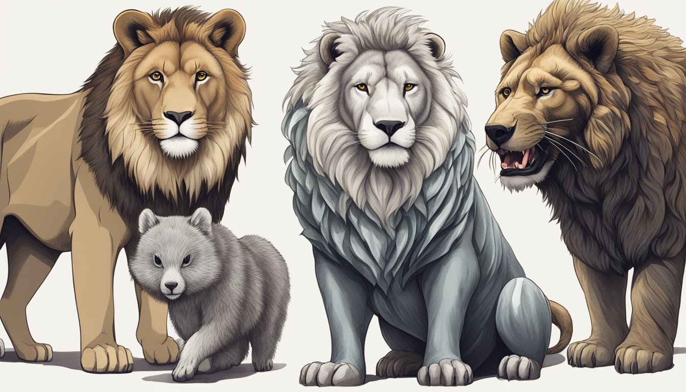 A lion, a wolf, and a bear stand side by side, each with a different type of prey in their mouths - a zebra, a rabbit, and a fish