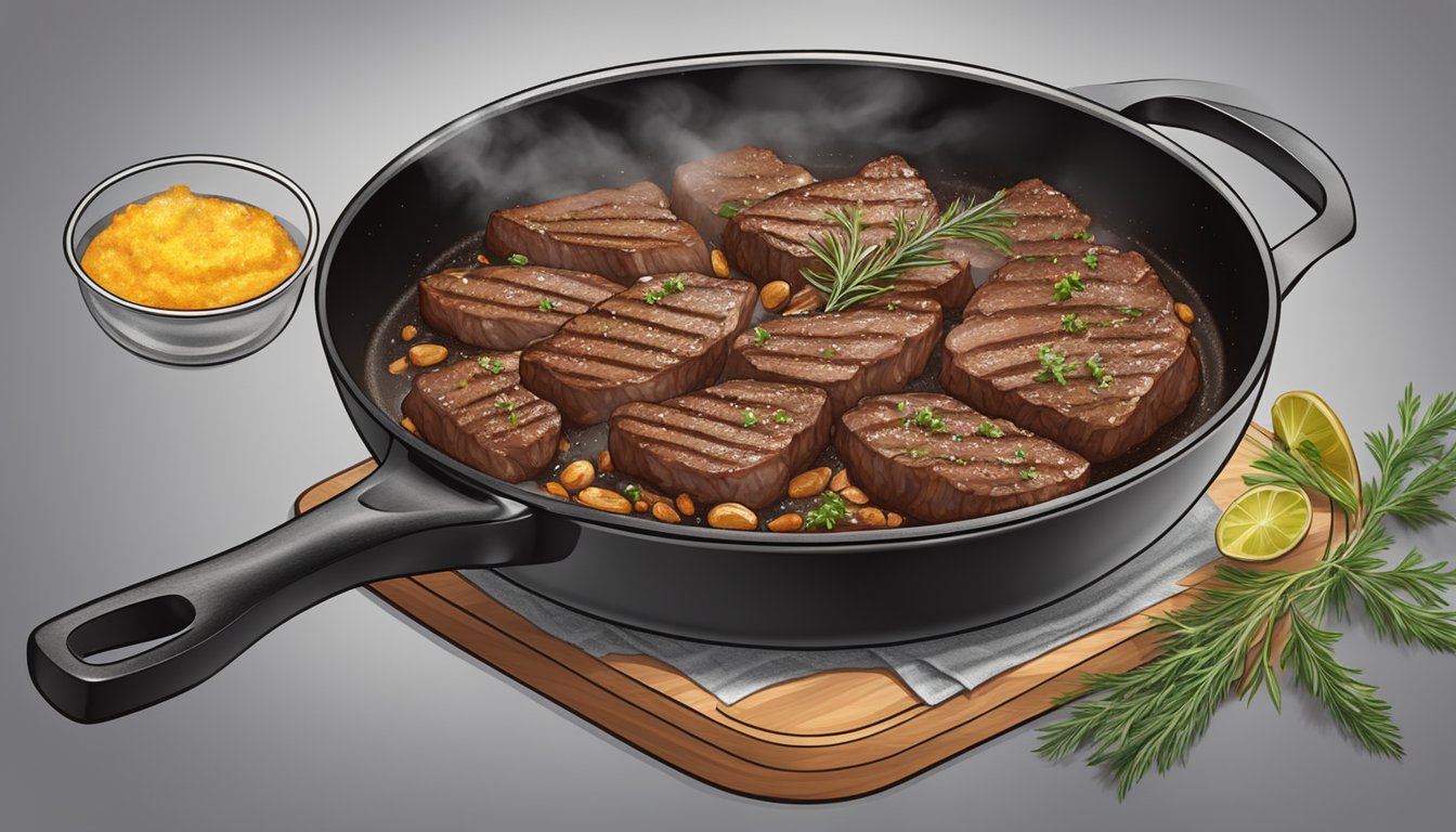 A sizzling skillet of steak frying in rich, bubbling butter, with a variety of aromatic herbs and spices sprinkled around the edges