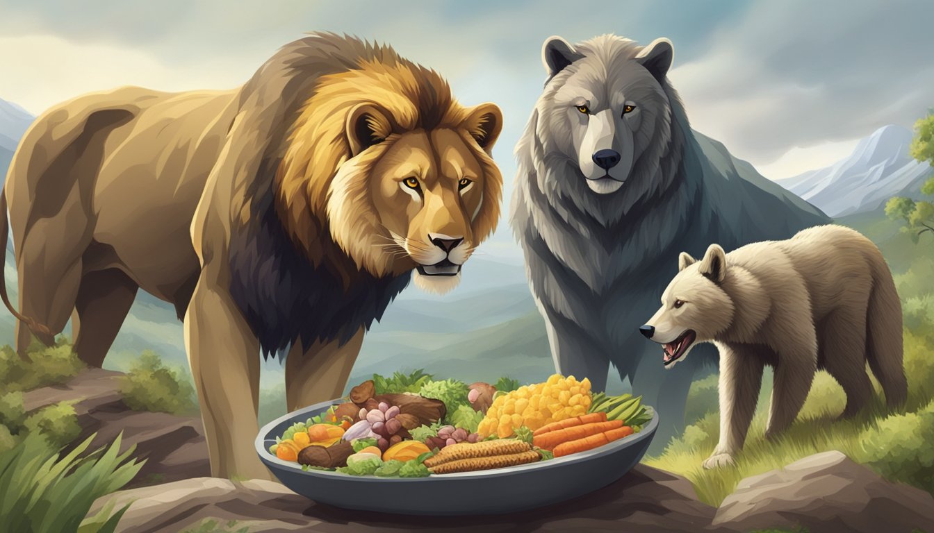 A lion, a wolf, and a bear each eating their respective carnivorous diets in their natural habitats