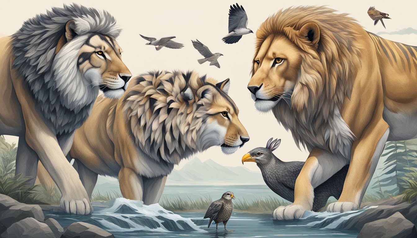 A lion, a wolf, and a hawk stand side by side, each with a different type of prey in their mouths - a zebra, a rabbit, and a fish