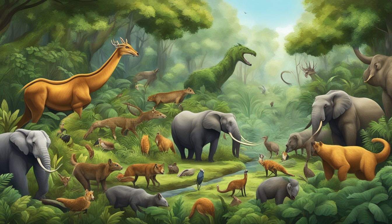 A lush forest with various carnivorous animals hunting and eating their prey, showcasing the different types of carnivore diets