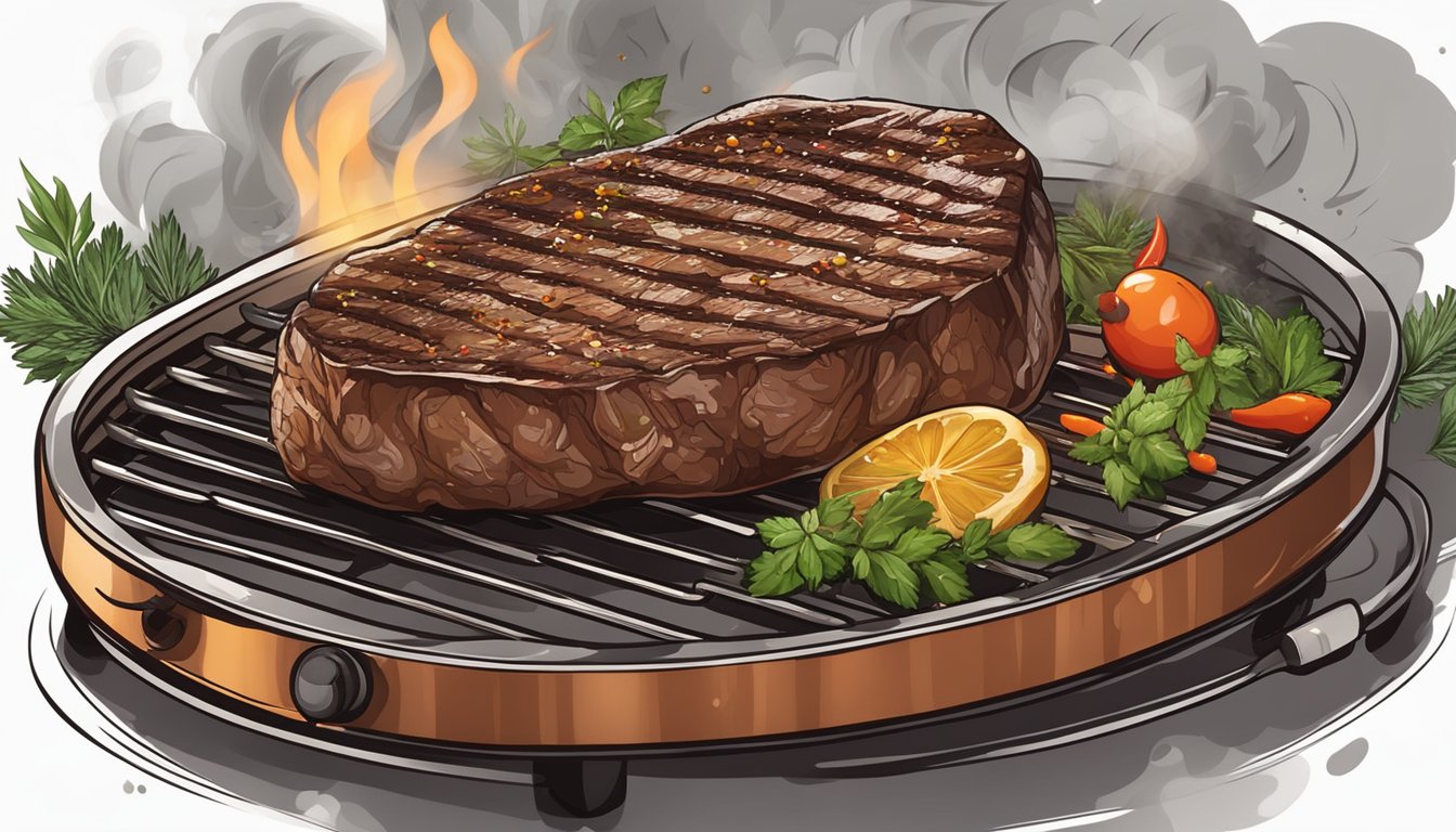 A sizzling steak on a grill, surrounded by aromatic herbs and spices, with smoke rising and the meat browning