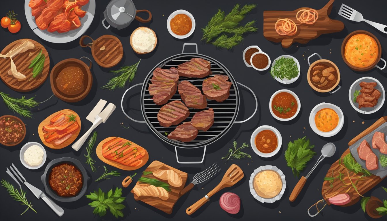 A sizzling grill with various cuts of meat being seasoned with herbs and spices, surrounded by a variety of cooking utensils and a smoky, aromatic atmosphere