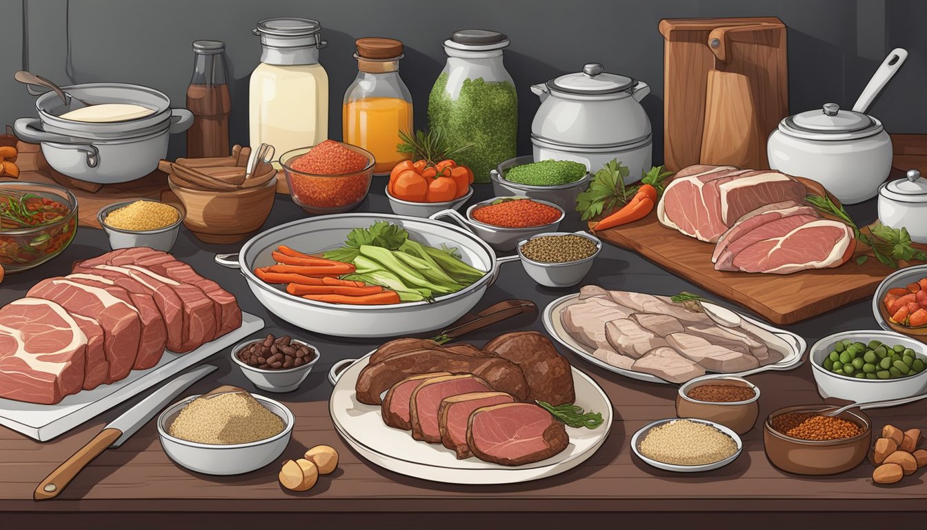 A kitchen counter with a variety of high-quality meats, spices, and cooking utensils laid out for preparing carnivore diet meals