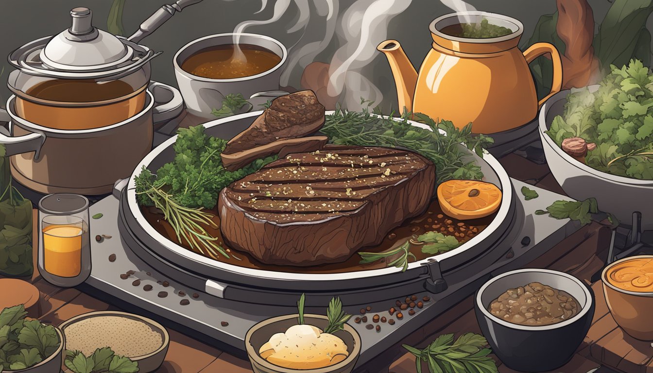 A carnivorous feast: a sizzling steak on a hot grill, surrounded by a variety of herbs and spices, with a steaming pot of bone broth simmering nearby