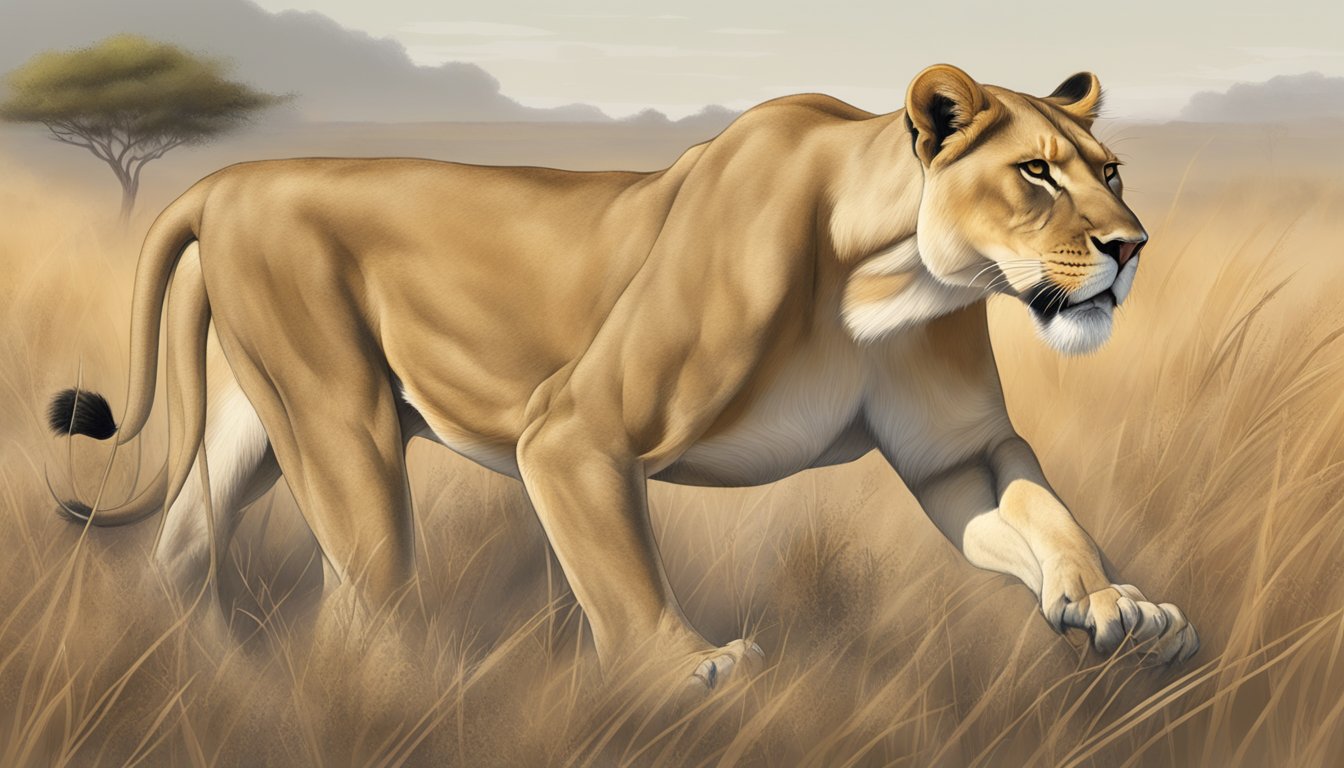 A lioness prowls through the savanna, her muscles taut and powerful. A diagram of hormone pathways and inflammatory responses hovers in the background