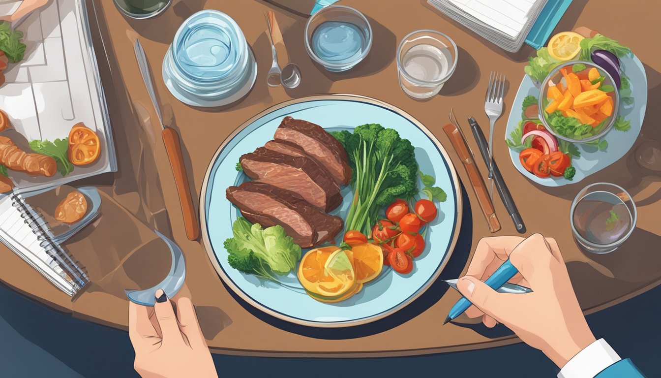 A table set with a plate of meat, vegetables, and a glass of water. A person's hand reaching for the food, with a notebook and pen nearby