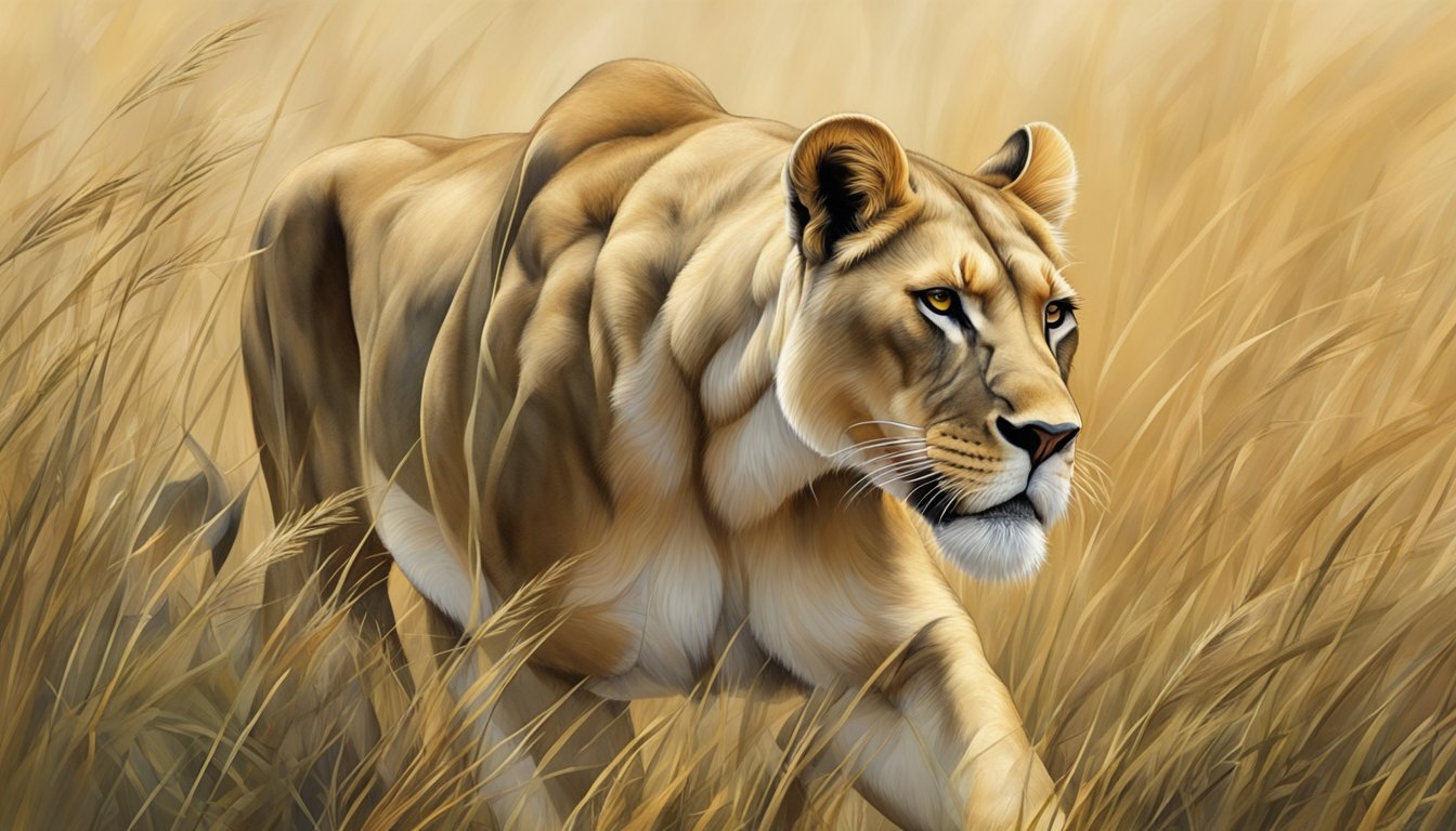 A lioness prowls through the grasslands, her muscles taut and her senses sharp. The scent of prey triggers a surge of hormones, fueling her predatory instincts