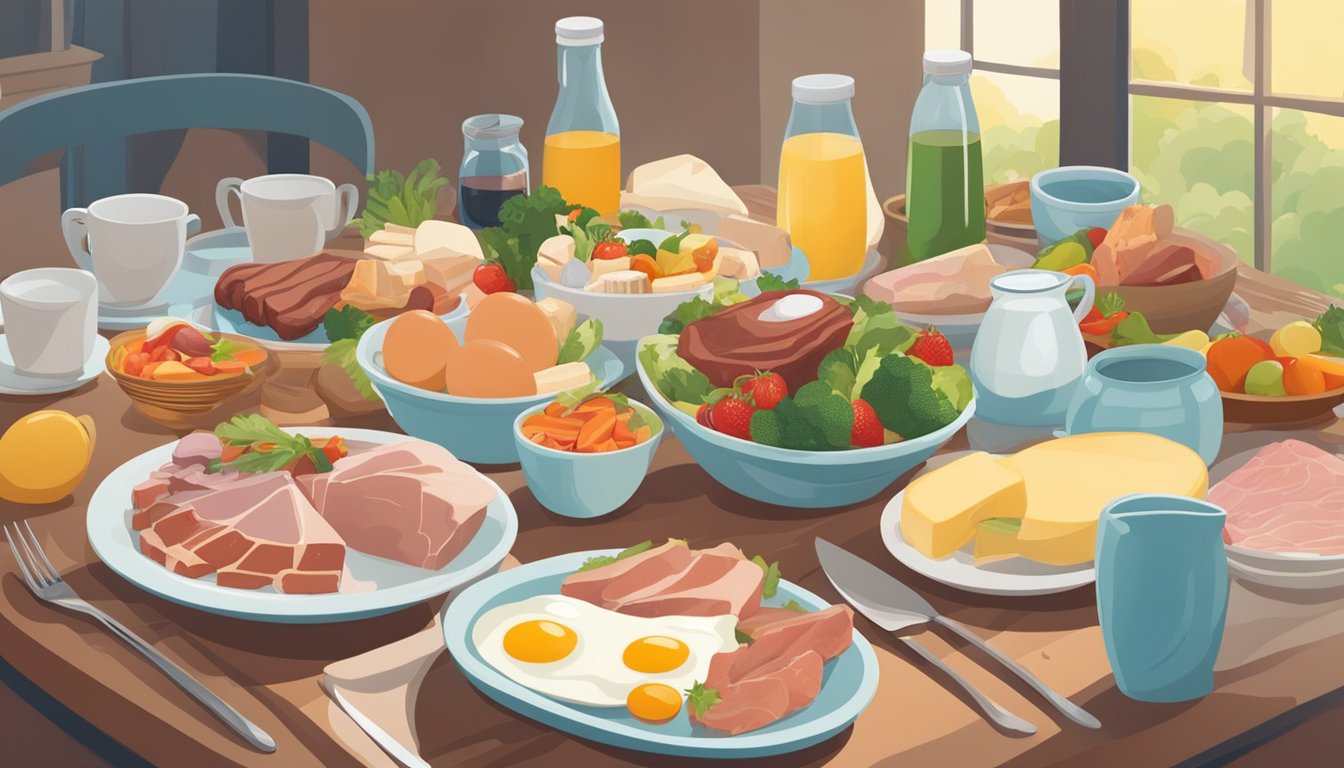 A table set with a variety of meats, eggs, and dairy products. Fruits and vegetables are absent. A person is seen happily enjoying a meal