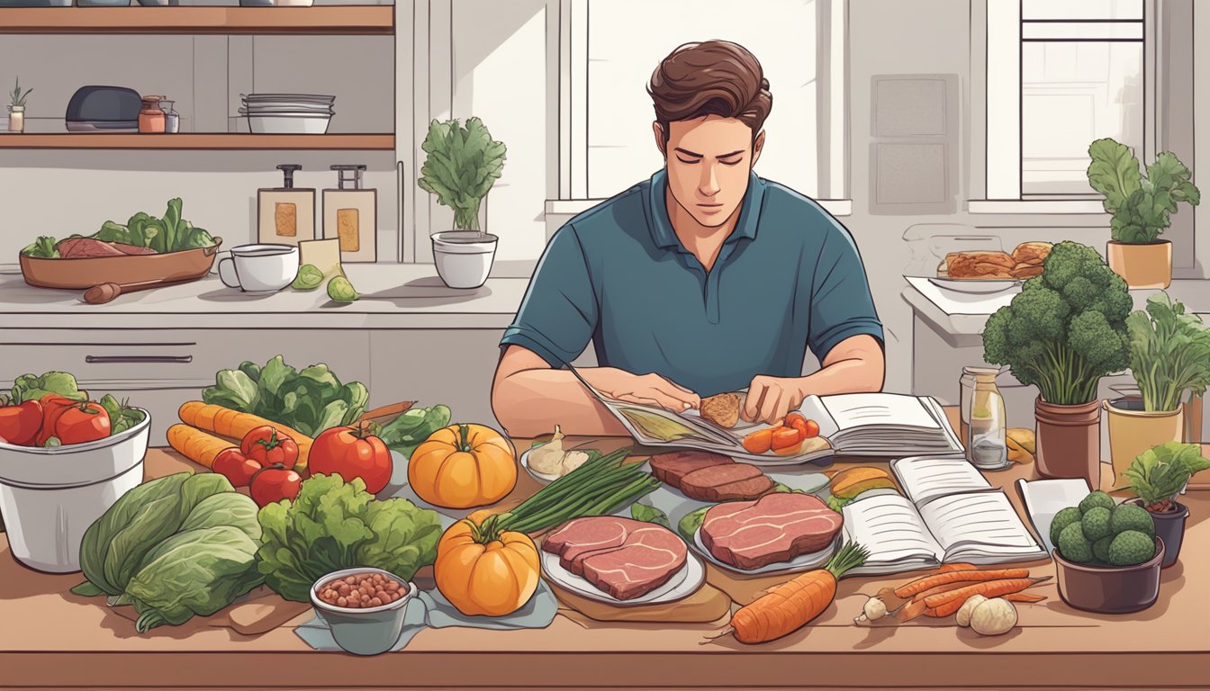 A table spread with fresh meat, vegetables, and educational materials on the carnivore diet. A person reading and studying the resources with a determined expression