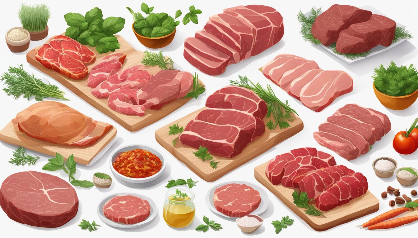 A variety of raw meats, including beef, pork, and chicken, arranged on a clean, white surface with fresh herbs and spices scattered around