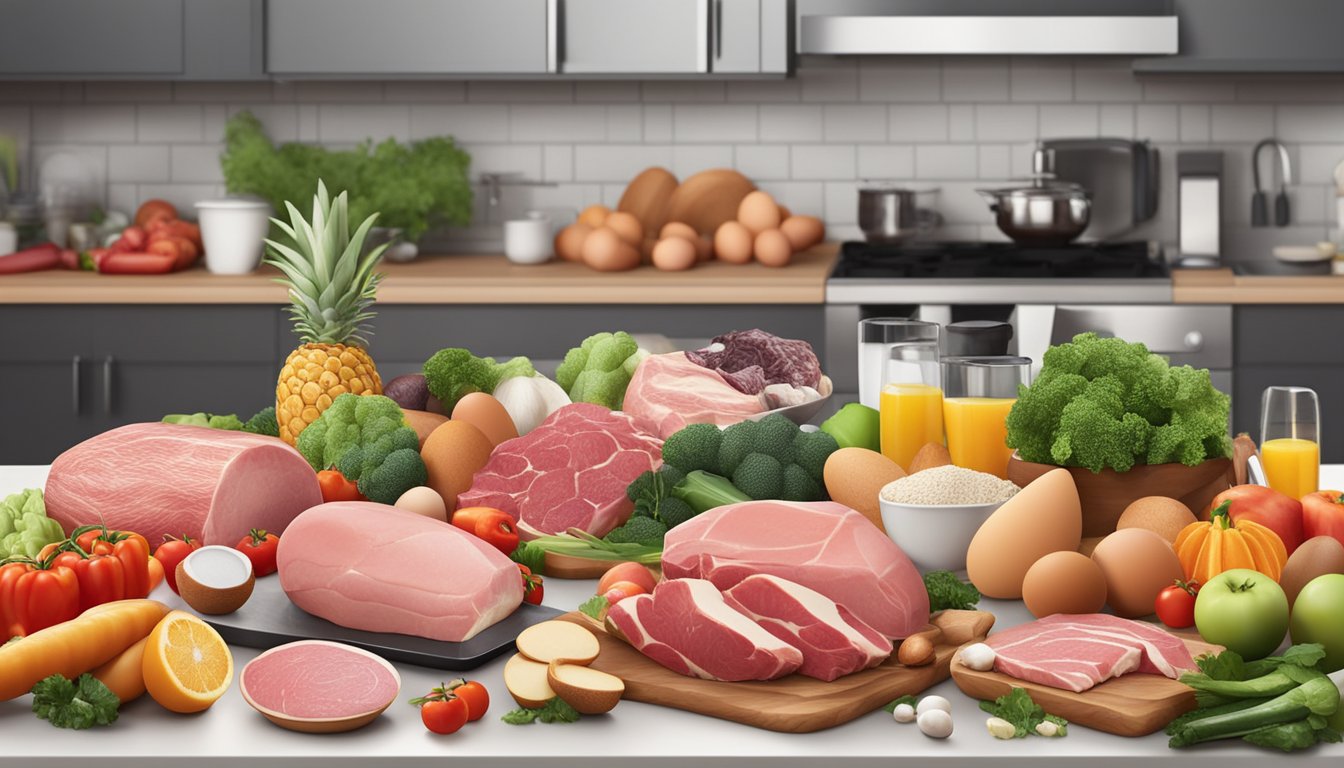 A variety of fresh meats, eggs, and animal products arranged on a kitchen counter, surrounded by colorful vegetables and fruits