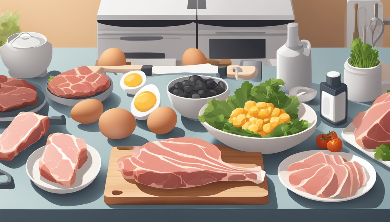 A variety of fresh meats, fish, and eggs arranged on a clean, minimalist kitchen counter, with a set of weights and exercise equipment in the background