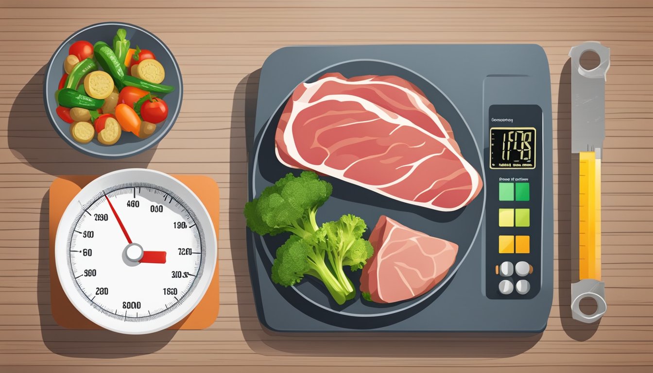 A scale and measuring tape next to a plate of meat and vegetables, with a chart showing progress over time