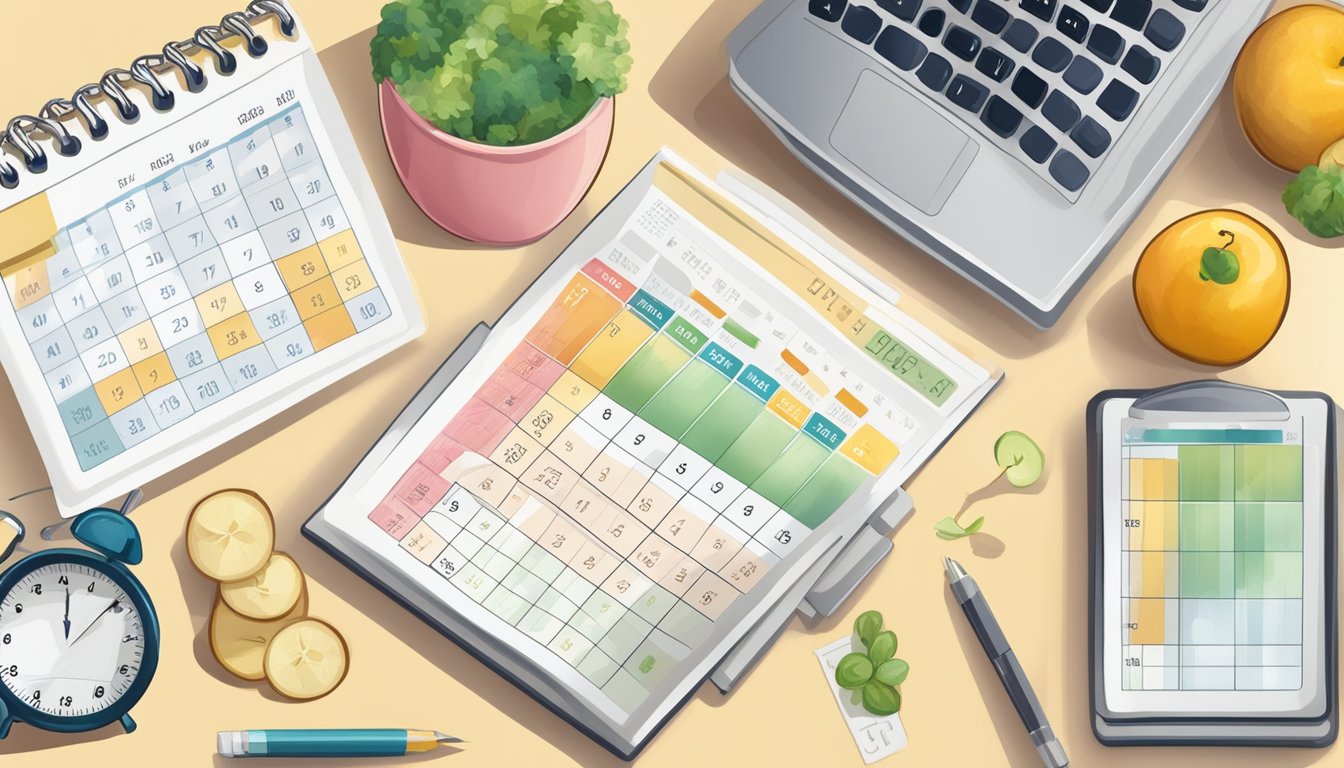 A table with a scale, food diary, and calendar. A person checks off completed tasks and records weight loss progress