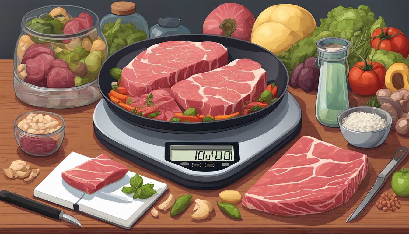 A kitchen scale measuring a portion of raw meat on a cutting board, surrounded by various carnivorous food items and a notebook for tracking progress