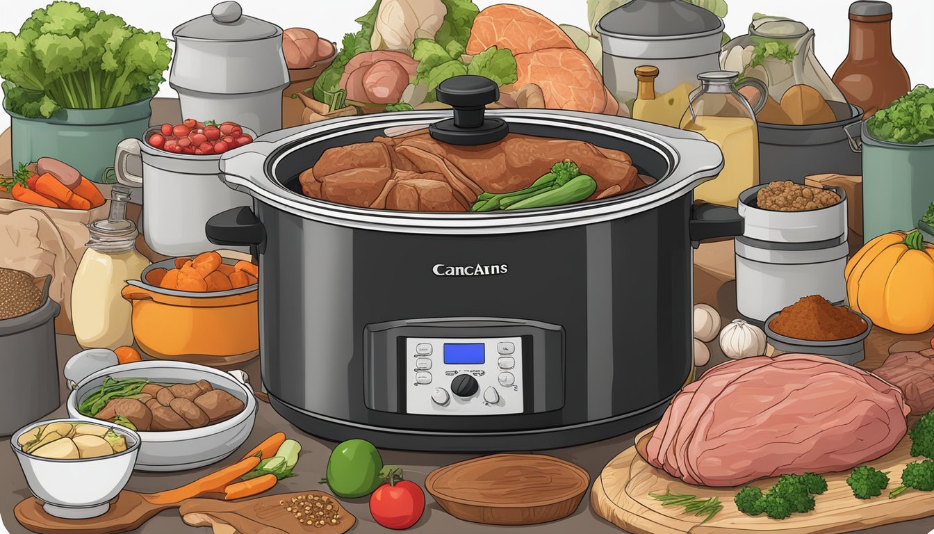 A slow cooker surrounded by various raw meats, vegetables, and spices, with a notebook and pen for tracking nutritional information