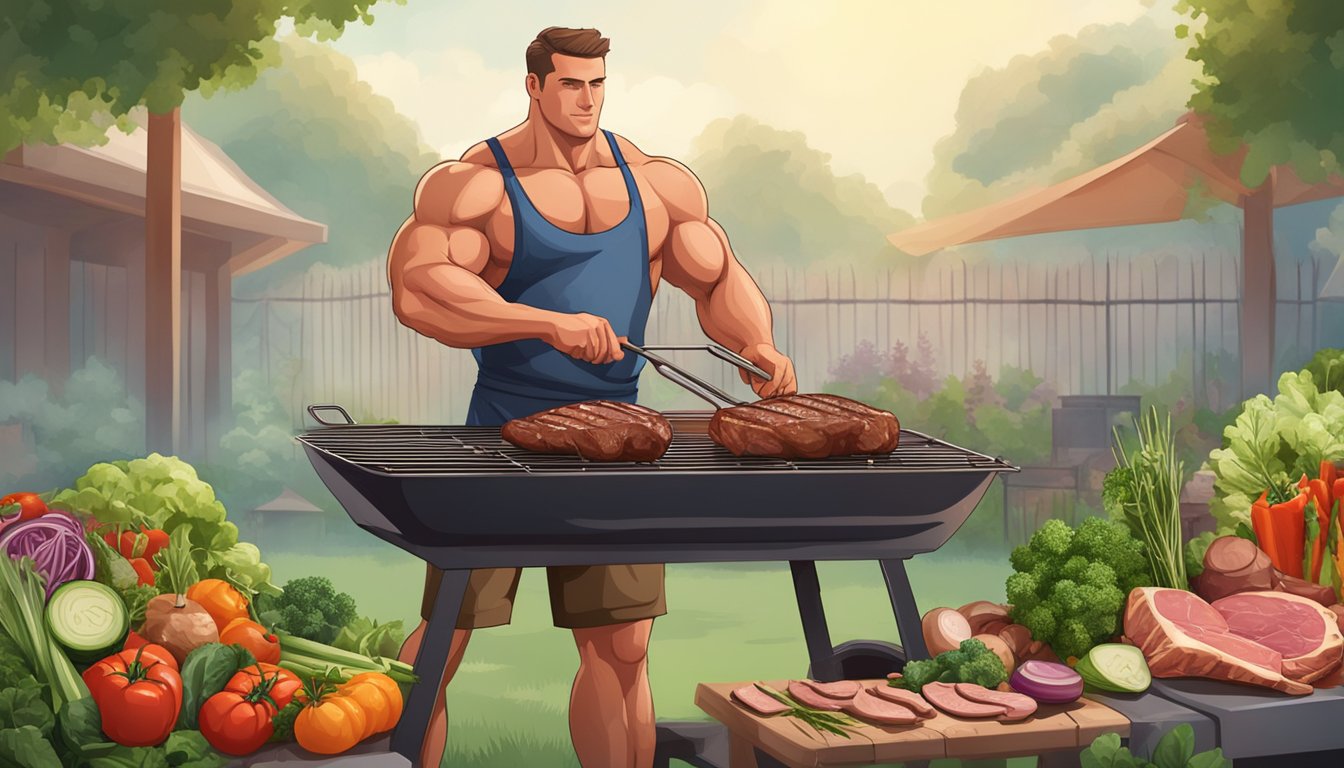 A bodybuilder grilling various cuts of meat on a barbecue, surrounded by fresh vegetables and herbs