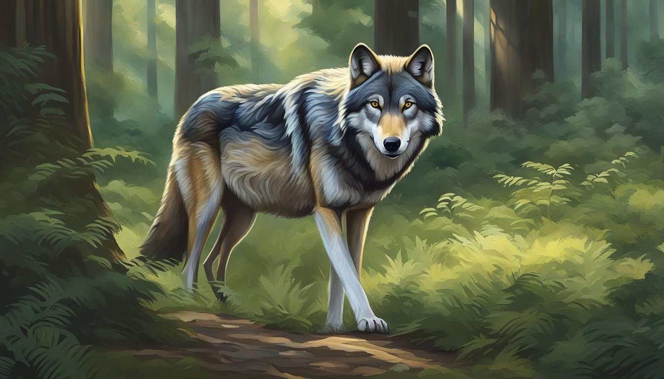 A wolf prowls through a lush forest, its sharp eyes fixed on a herd of deer grazing peacefully. The predator's presence is a reminder of the delicate balance between carnivores and their environment