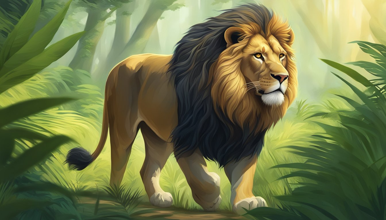 A muscular lion confidently prowls through a lush, green jungle, exuding power and vitality