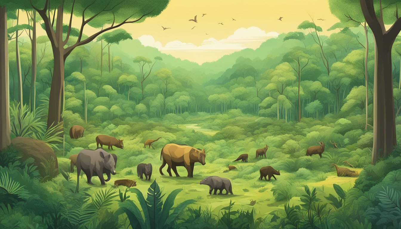 A lush green forest with diverse wildlife, contrasted with a barren, deforested landscape, illustrating the environmental impact of the carnivore diet