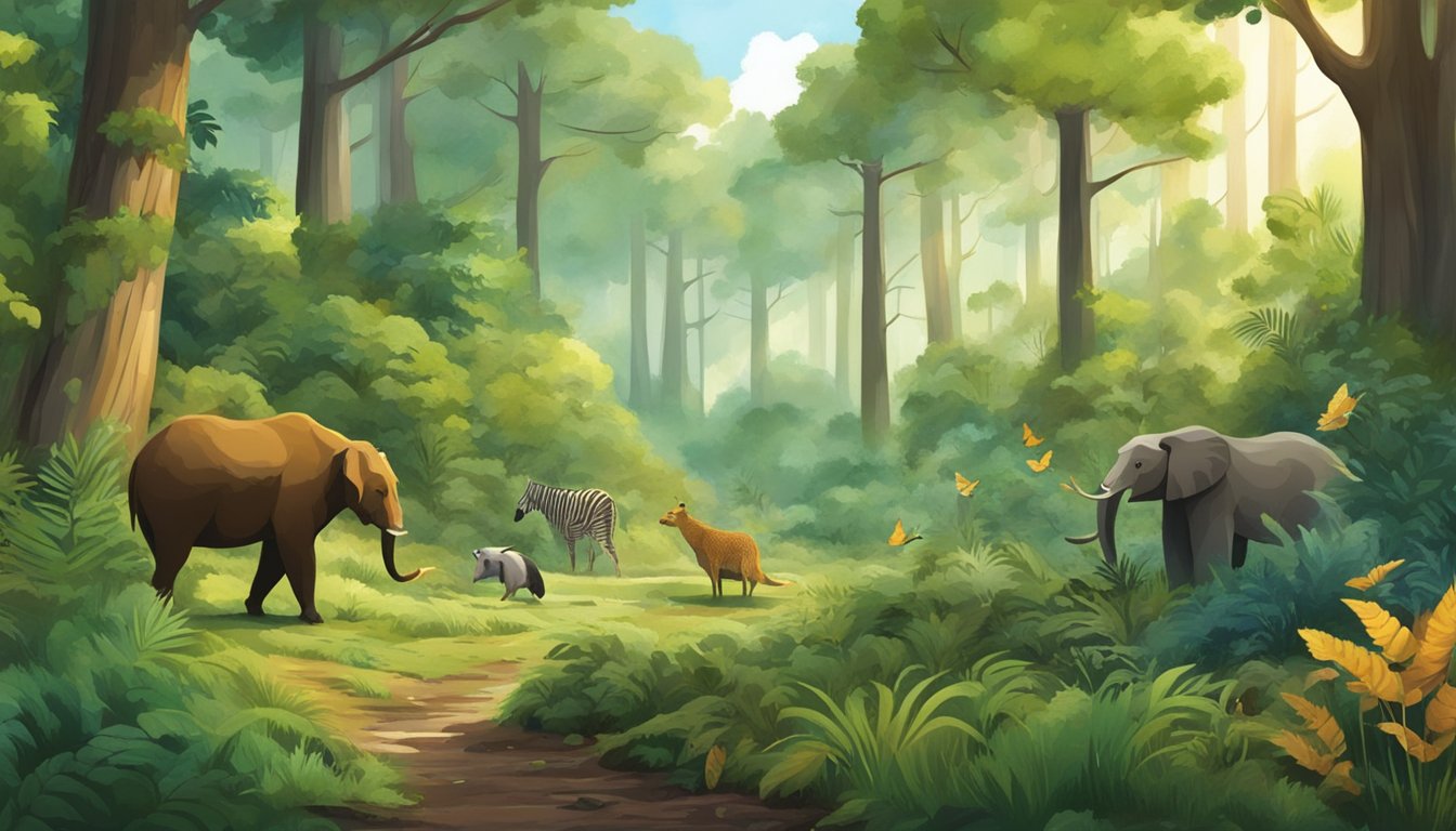 A forest clearing with a variety of animal and plant life, showcasing the interconnectedness of the environment