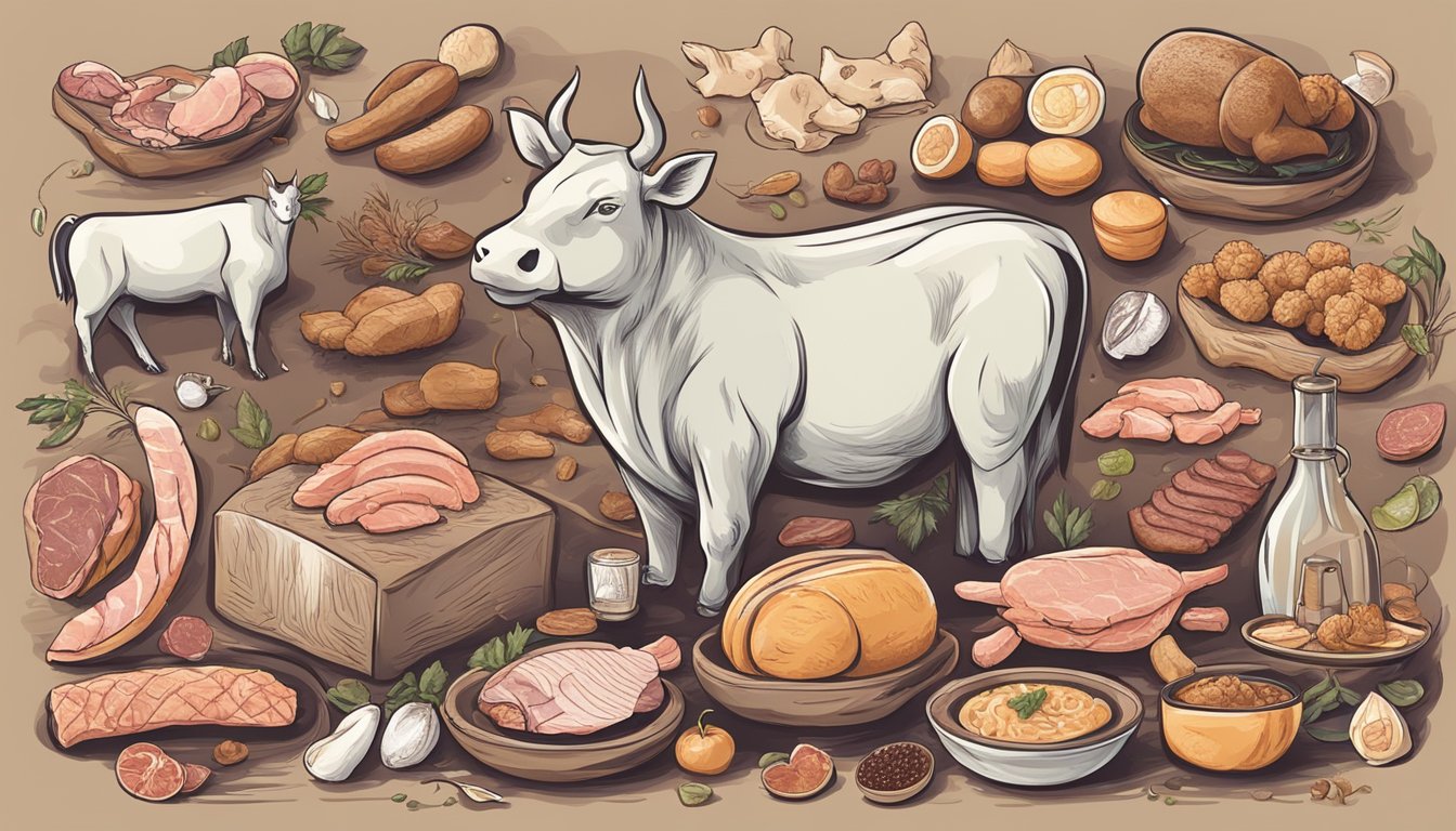 A variety of meats and animal products arranged in a visually appealing manner, surrounded by symbols representing different fasting techniques