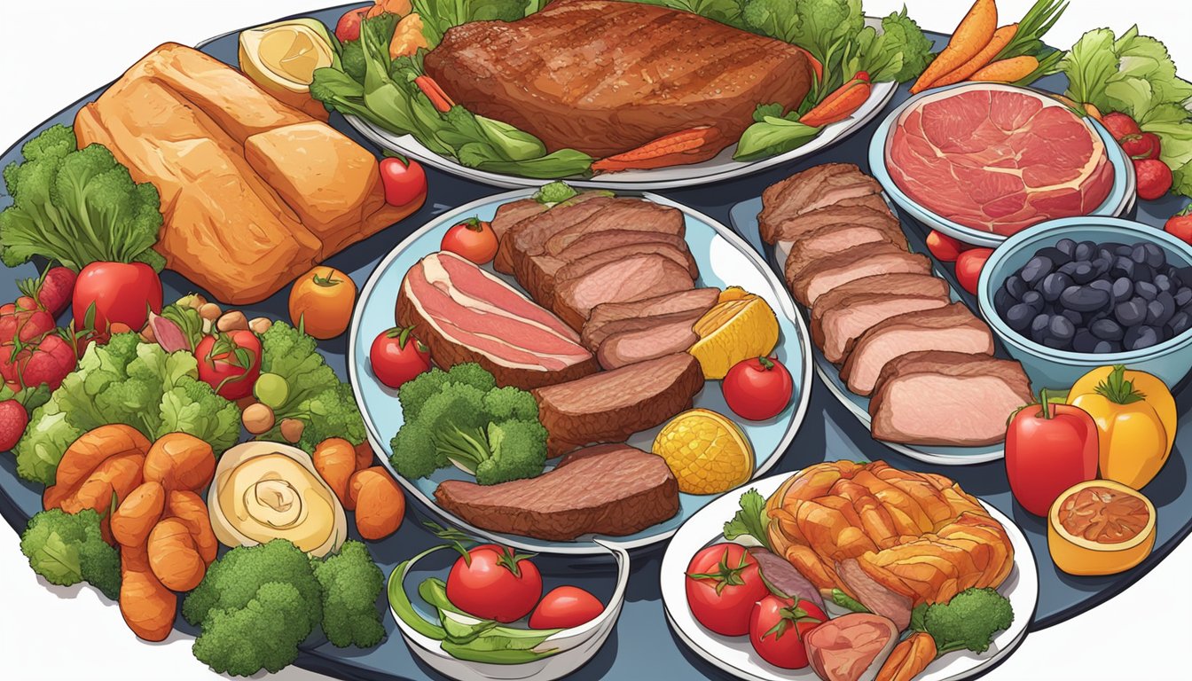 A plate with a variety of meats, including steak, chicken, and fish, surrounded by colorful vegetables and fruits