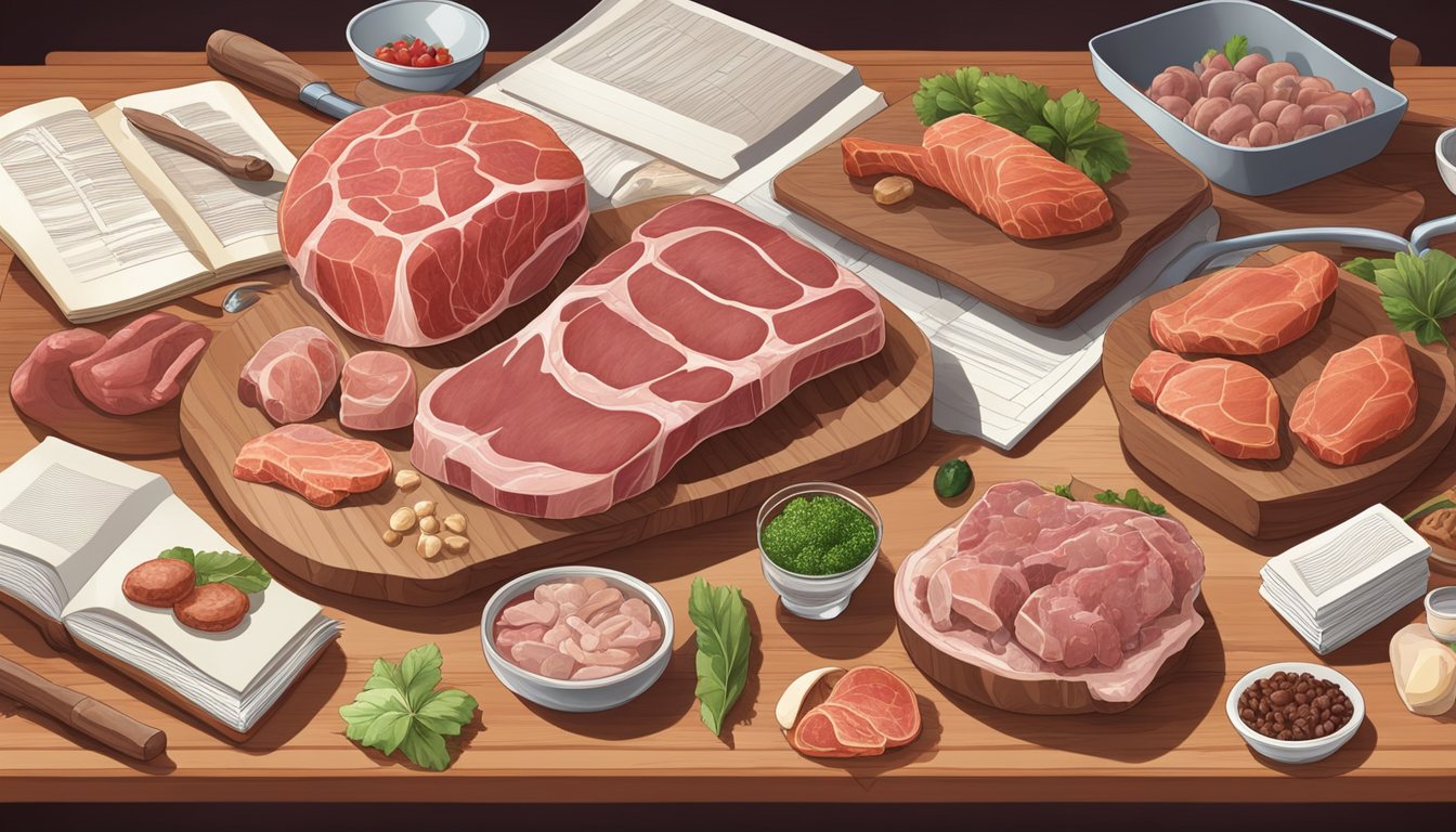 A variety of raw meats, bones, and organs arranged on a wooden cutting board, surrounded by scientific journals and research papers