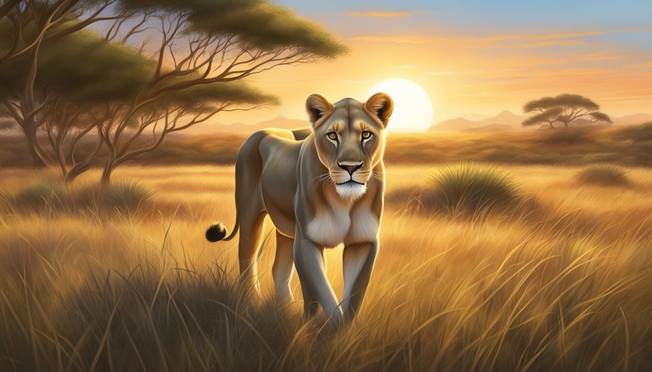 A lioness prowls through a grassy savanna, hunting for prey to sustain her carnivorous diet. The sun sets behind her, casting a warm glow over the landscape