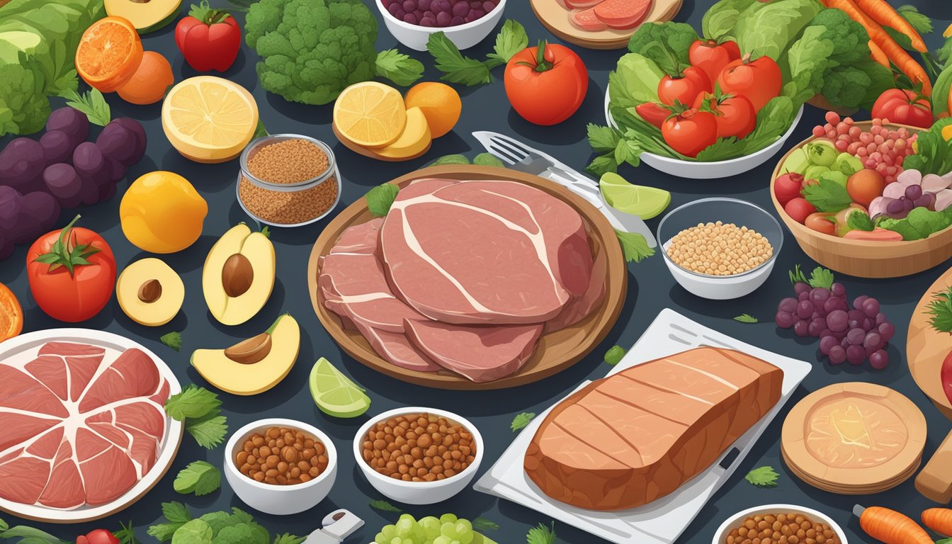 A plate filled with a variety of meats and animal products, surrounded by fruits and vegetables, with a scale and measuring tape nearby