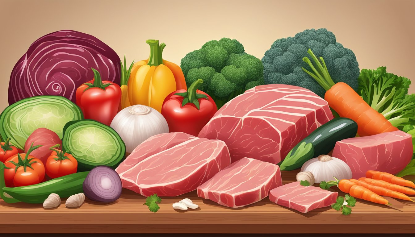 A variety of fresh, raw meat and animal products arranged on a wooden cutting board with vibrant, colorful vegetables in the background