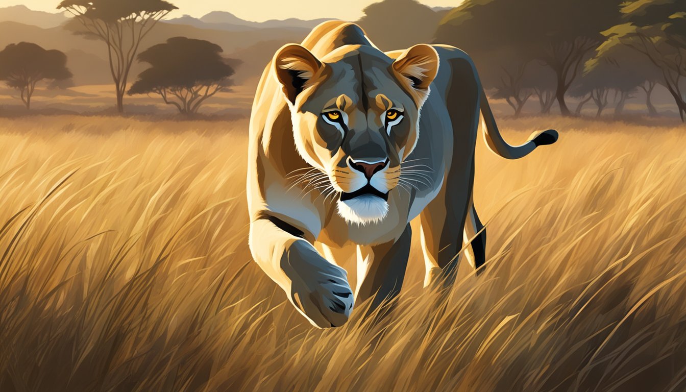 A lioness prowls through a grassy savannah, stalking her prey with focused determination. The sun casts a warm glow over the scene, highlighting the raw power and instinctual nature of the carnivore diet