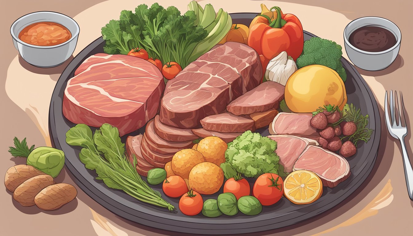 A plate filled with various types of meat and animal products, surrounded by fresh vegetables and fruits, with a caption indicating "Advancing Beyond Weight Loss: How to Use the Carnivore Diet for Weight Loss."