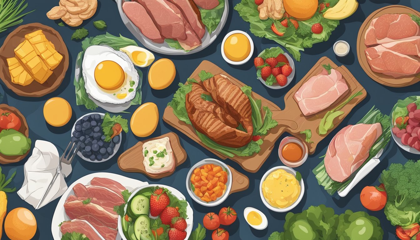 A table set with various meats, fish, and eggs, surrounded by colorful fruits and vegetables. A person preparing a meal with a focus on protein-rich foods