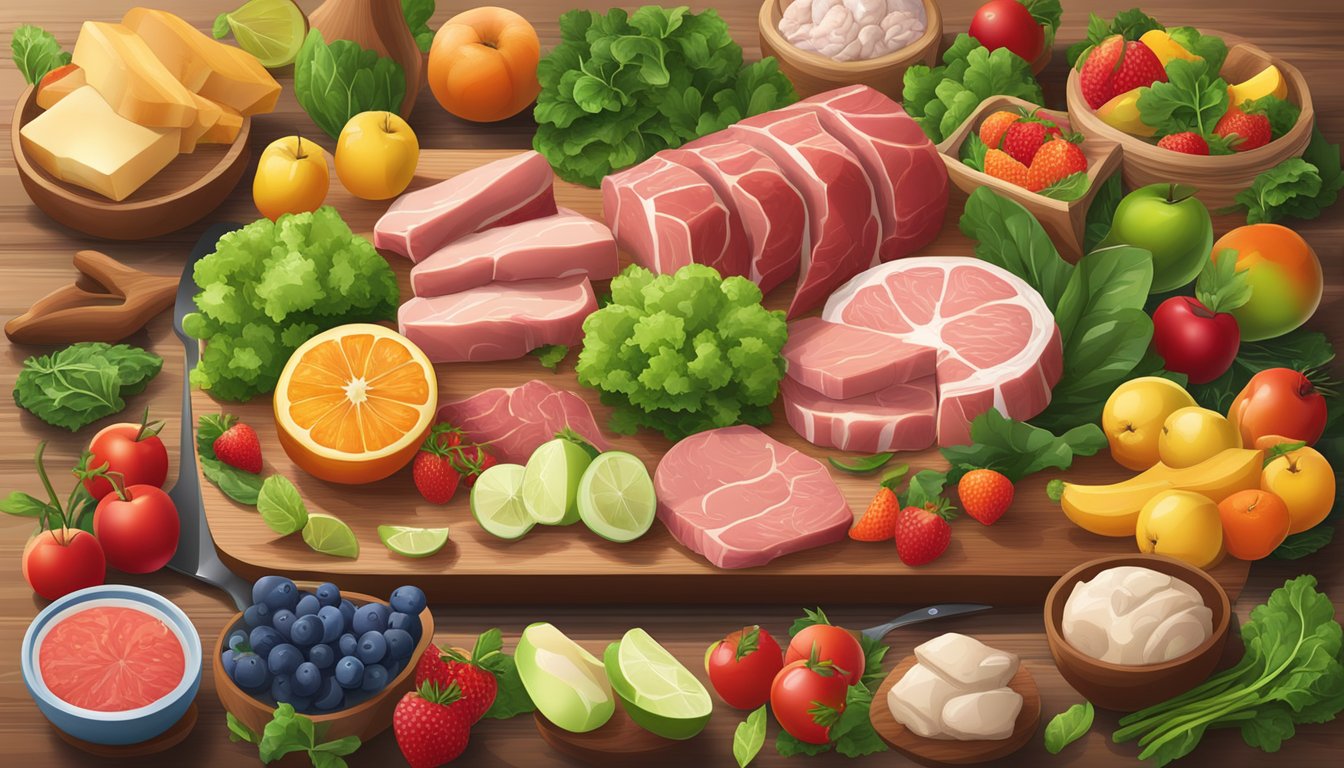 A variety of fresh, uncooked meats and animal products arranged on a wooden cutting board, surrounded by vibrant green leafy vegetables and colorful fruits