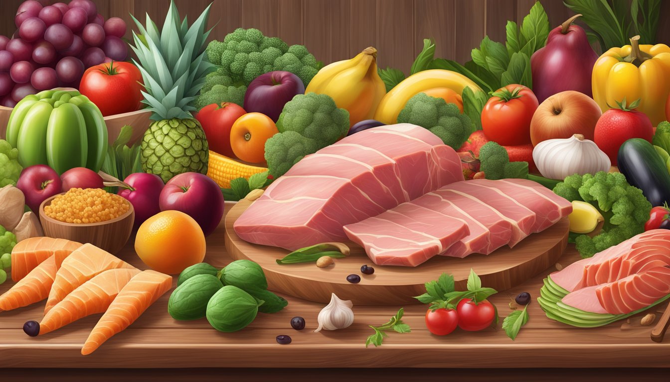 A variety of fresh, organic meats and animal products arranged on a wooden cutting board, surrounded by vibrant, colorful fruits and vegetables