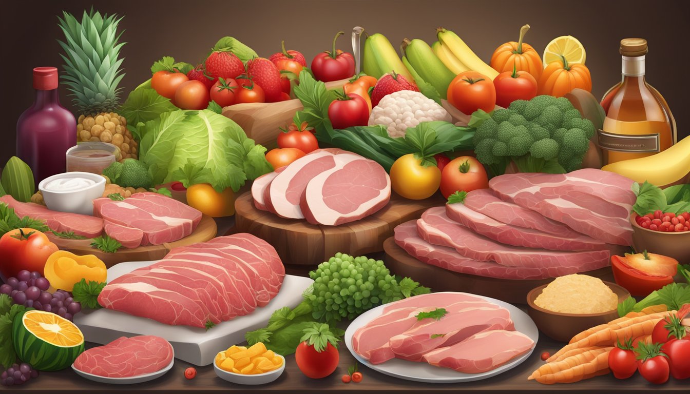 A variety of fresh, unprocessed meats and animal products arranged on a table, surrounded by vibrant fruits and vegetables