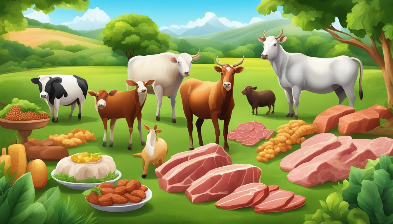 A lush green landscape with a variety of fresh meats and animal products arranged in a visually appealing manner, surrounded by vibrant, healthy-looking skin