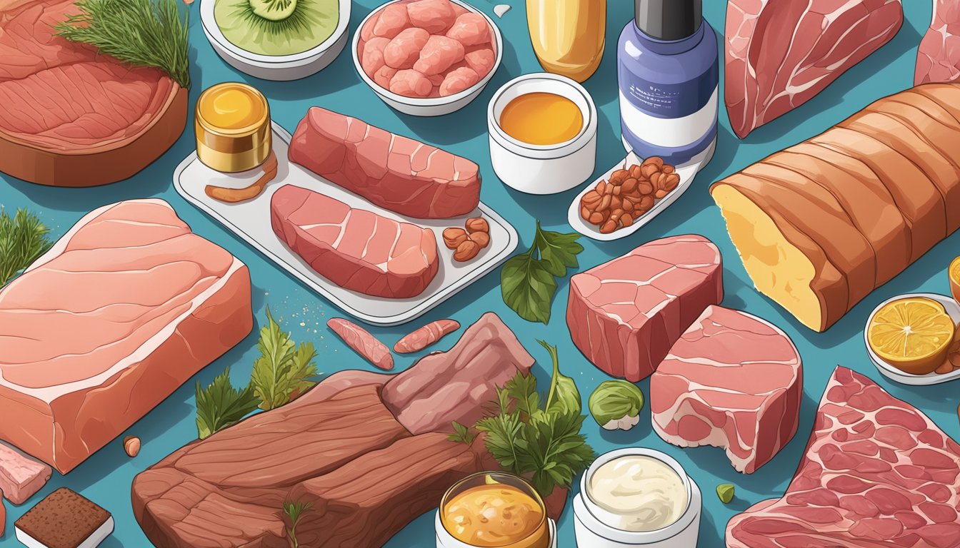 A colorful array of fresh meats and animal products arranged next to a variety of skincare products, illustrating the connection between the carnivore diet and improved skin health