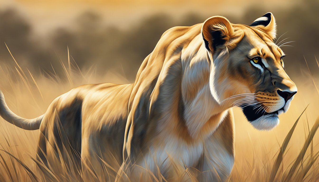 A lioness prowls through the savannah, her powerful muscles rippling as she stalks her prey. The sun beats down on her sleek, carnivorous form, fueling her high metabolic rate