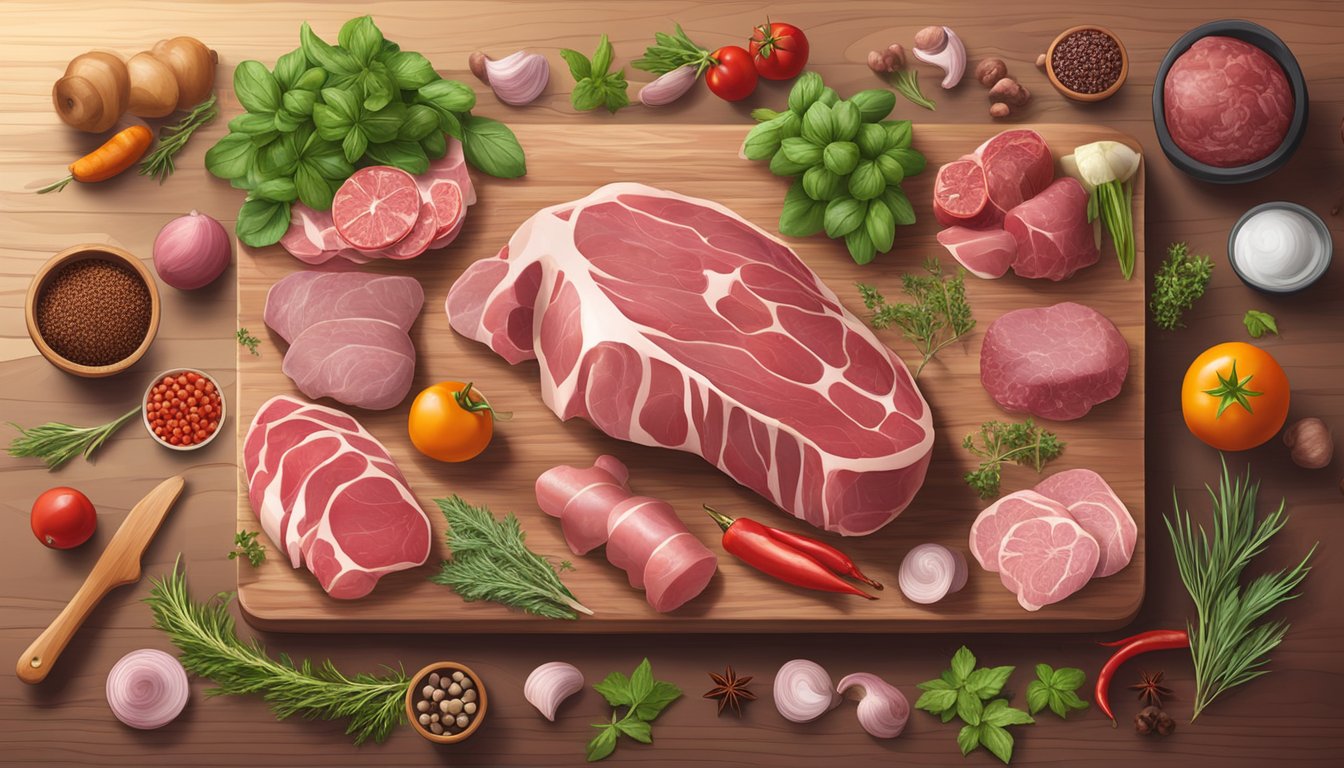 A variety of raw meats and organs arranged on a wooden cutting board, surrounded by fresh herbs and spices