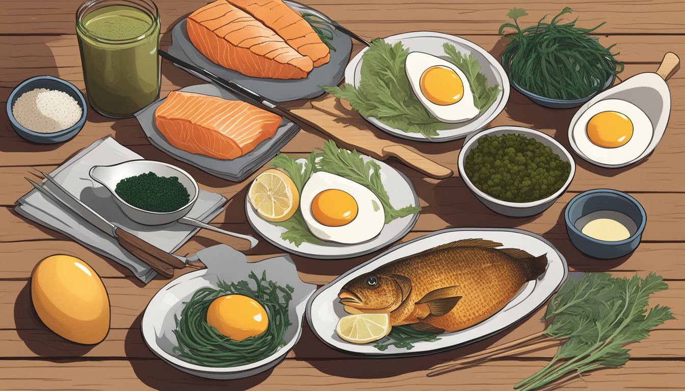 A variety of iodine-rich foods like fish, seaweed, and eggs, displayed on a wooden table with a carnivore diet book in the background