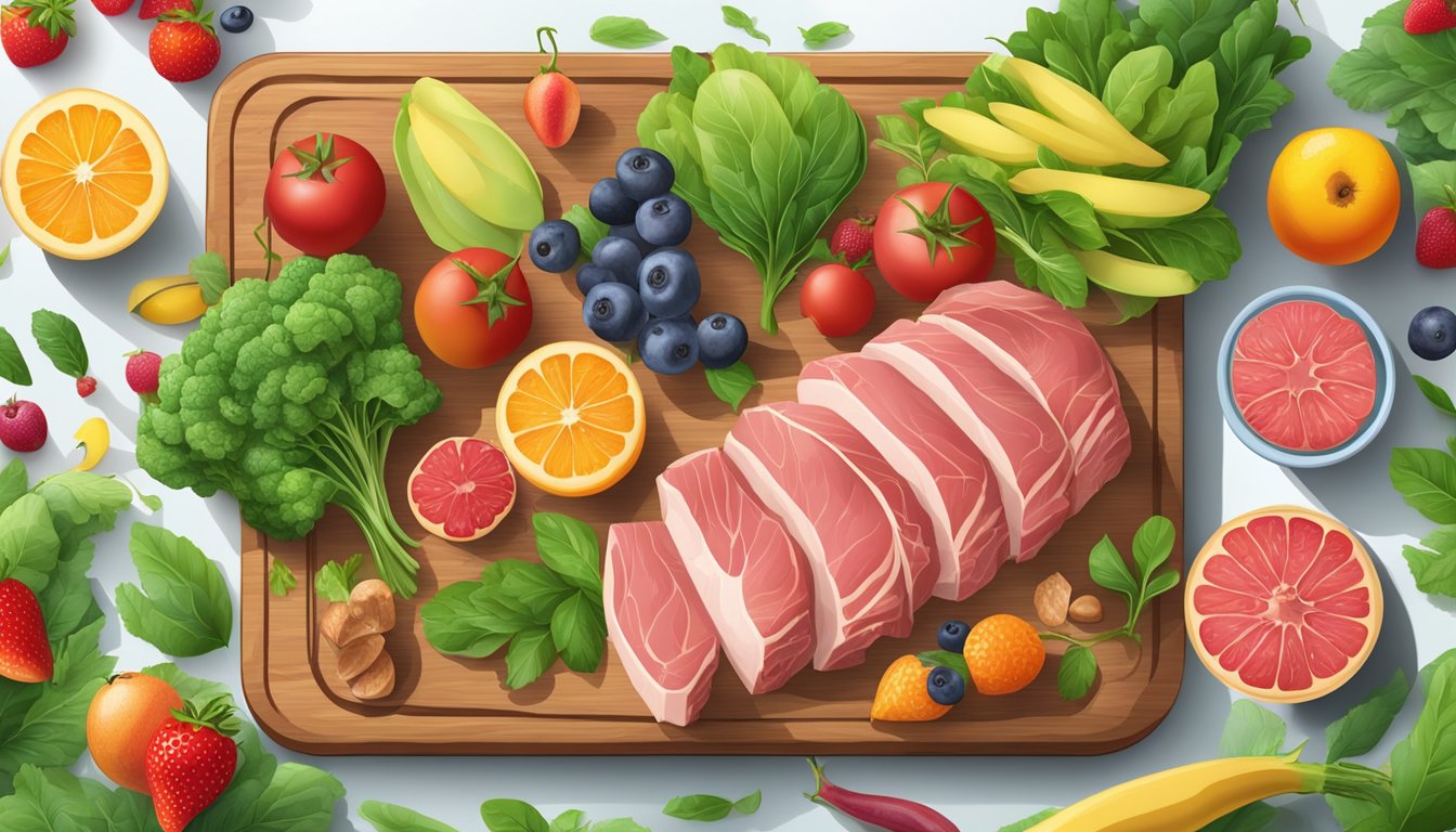 A variety of fresh, raw meats and animal products arranged on a wooden cutting board, surrounded by vibrant green leafy vegetables and colorful fruits