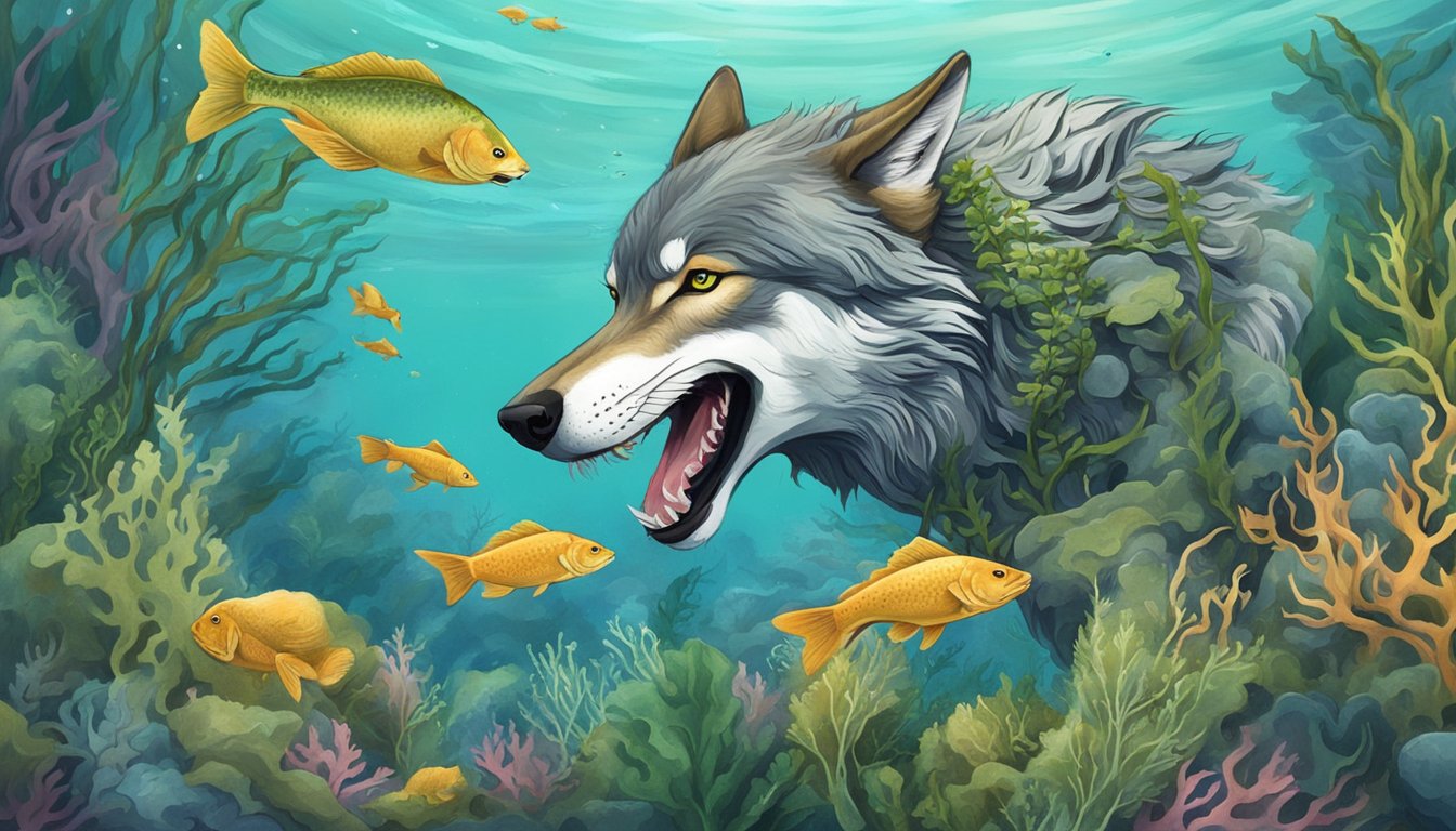 A wolf devouring a freshly caught fish, surrounded by various types of seaweed and kelp