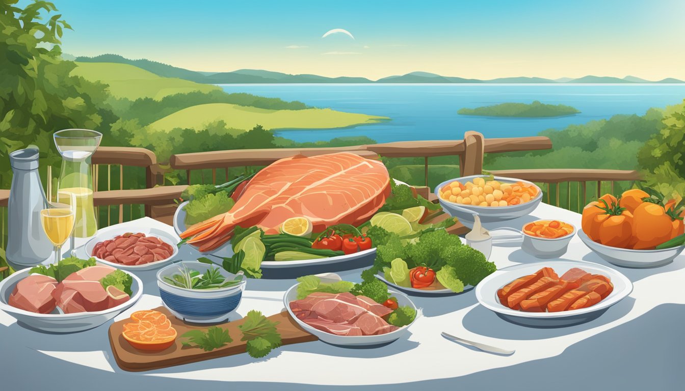 A table set with various meats, fish, and vegetables, surrounded by a serene and peaceful natural environment, with a clear blue sky and a calm atmosphere