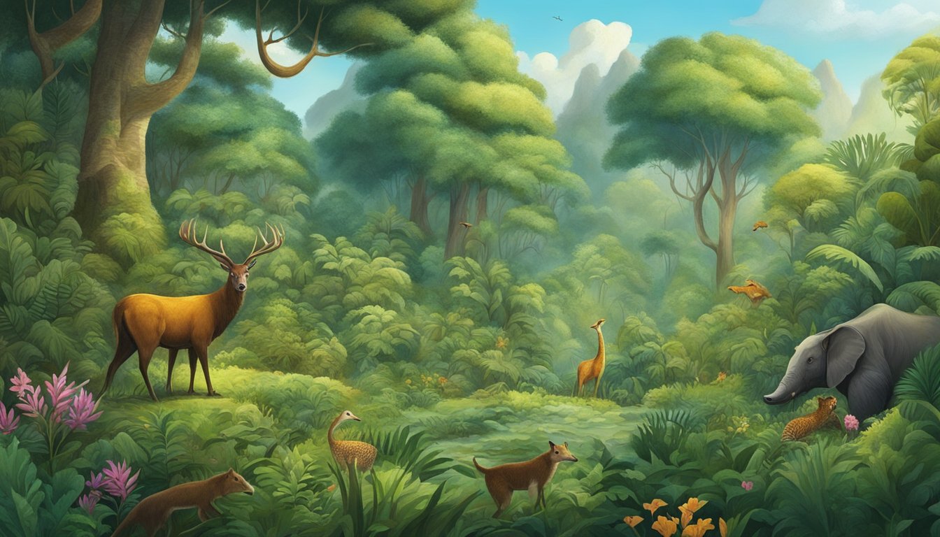 A lush forest with a variety of plants and animals, including a carnivorous animal hunting for food. The scene exudes a sense of long-term sustainability and balance