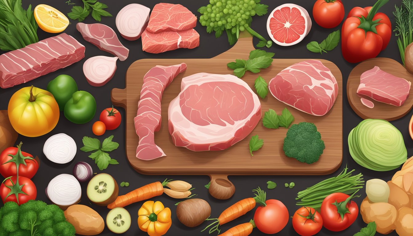 A variety of raw meats and animal products arranged on a wooden cutting board, surrounded by fresh vegetables and fruits